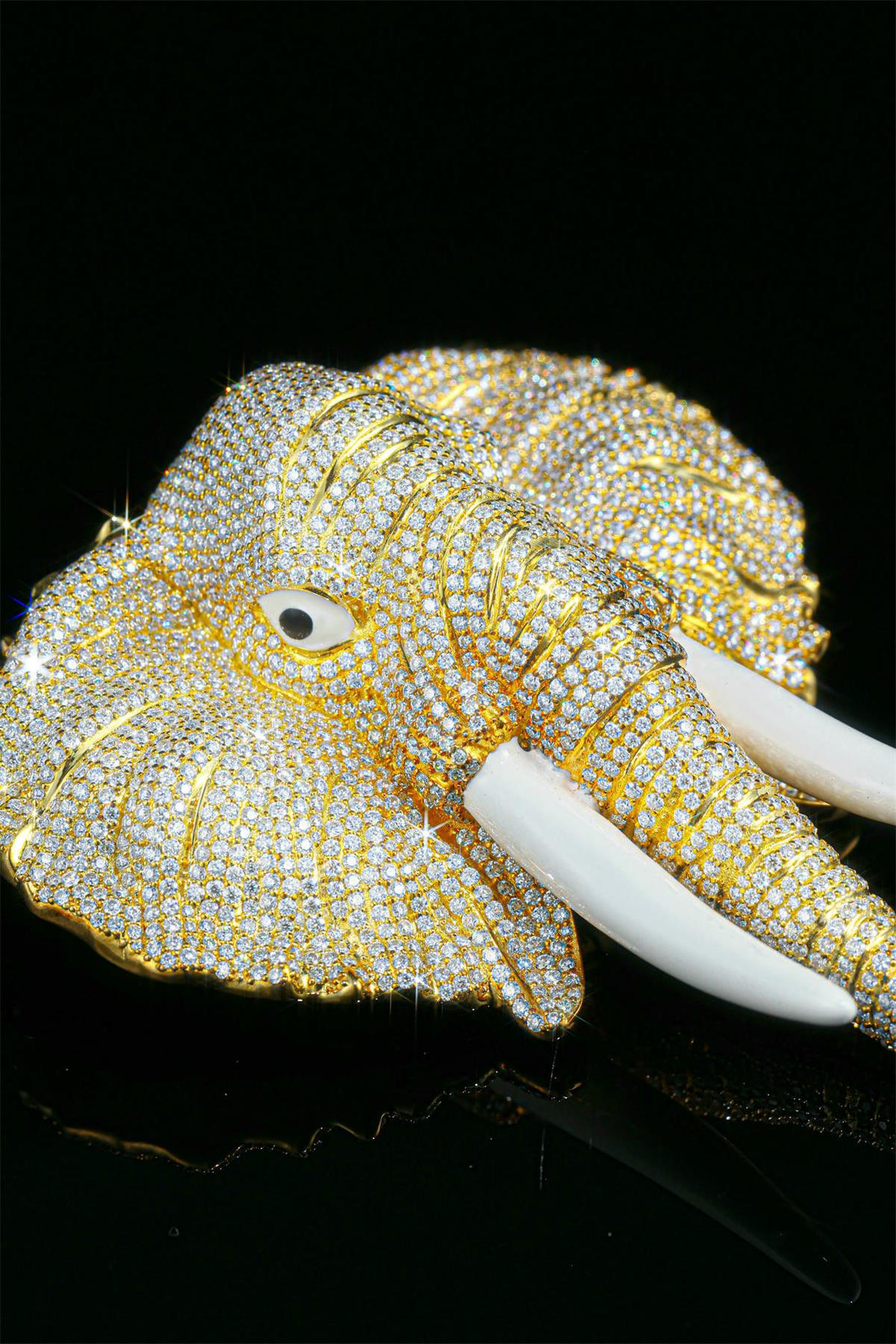 Painted elephant pendant with silver-inlaid Moissanite